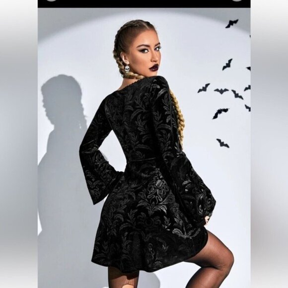 Lily Rose Black Velvet burnout Dress - Bell Sleeves, Whimsigoth Romantic Sz XS - Picture 9 of 10